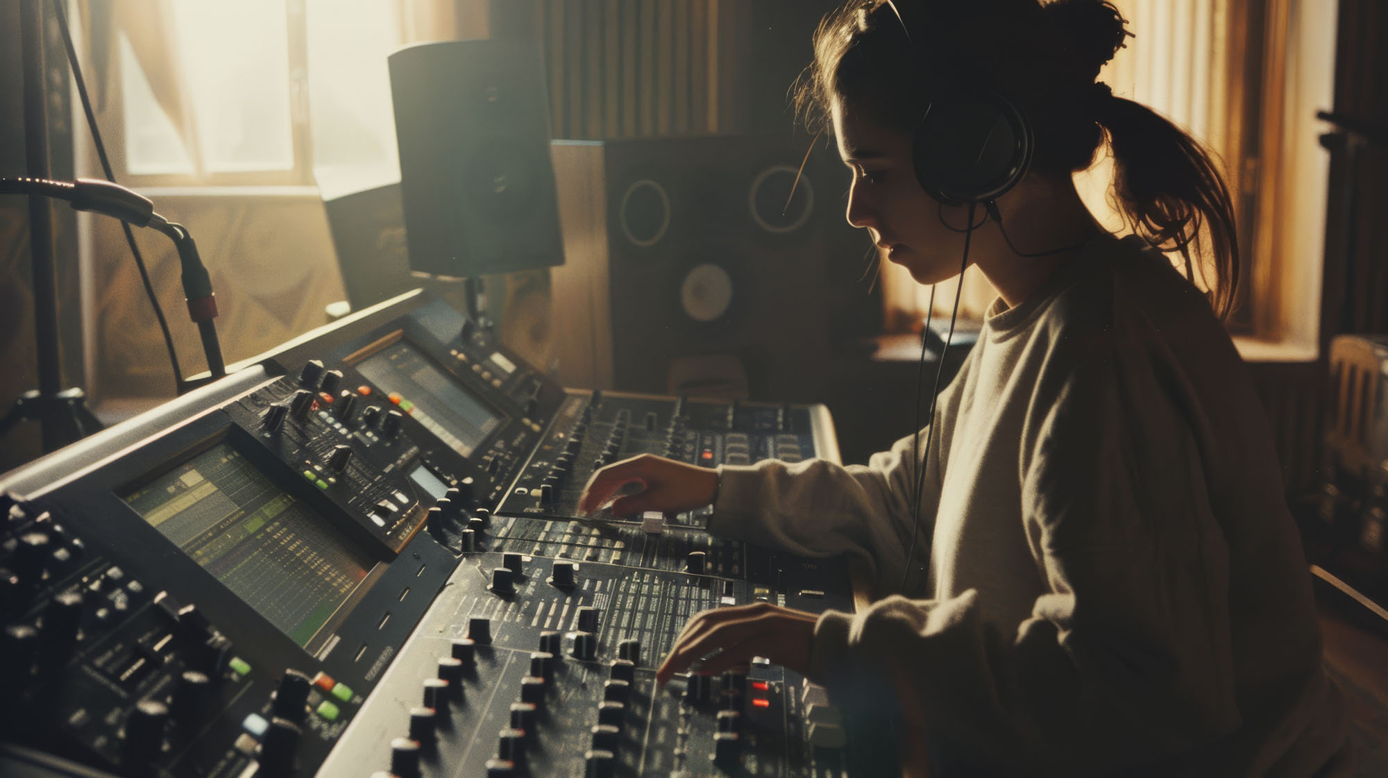 A focused audio engineer adjusts sound levels on a mixing console in a dimly-lit, sophisticated recording studio.